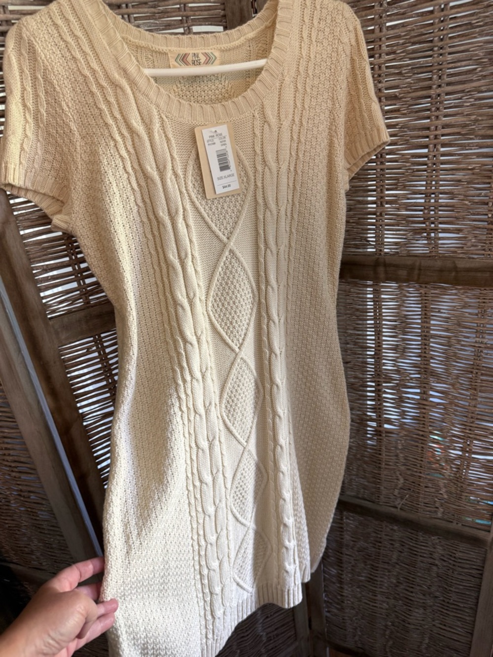 Pink Rose Cream Short-Sleeve Cable Knit Scoop Neck Sweater